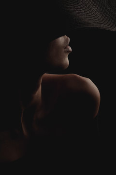 Dramatic dark studio portrait of elegant and luxury woman in black wide hat and black dress. Hidden half face.