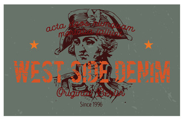 West side denim Berlin clothing tag, with latin words - acta deos numquam mortalia fallunt, meaning - mortal actions never deceive the gods. 