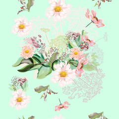 Beautiful floral illustration with field flowers in vintage style
