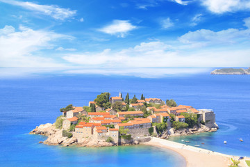 Beautiful view of the island-resort of St. Stefan (Sveti Stefan) on the Budva Riviera, Budva, Montenegro on a sunny day