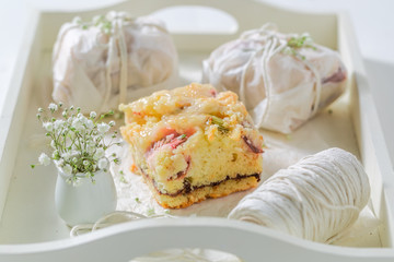 Tasty yogurt pie packed in a white paper