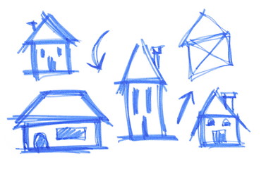 Blue marker houses drawing, sketch isolated on white background