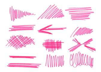 Pink marker line strokes drawing, isolated on white background