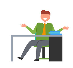 Man on Workplace in Office Vector Illustration