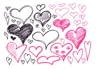 Black and pink marker hearts drawing, isolated on white background