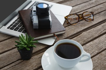 Black coffee, camera, pot plant, spectacles, organizer and