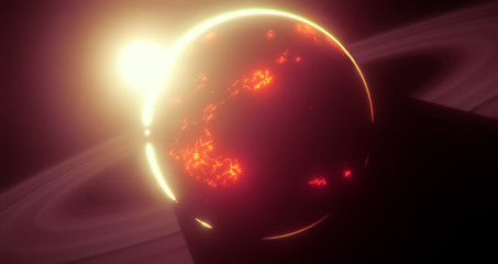 Eclipse of a star or sun by a lava planet with rings.