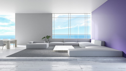 Fototapeta na wymiar Modern interior living room wood floor sofa set sea view summer 3d rendering. minimal living room design purple wall pantone 2018