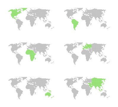 6x Weltkarte mit Markierung von Kontinenten
