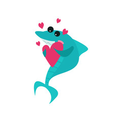 Cute cheerful shark cartoon character holding pink heart, funny blue fish cartoon vector Illustration