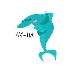 Cute laughing shark cartoon character, funny blue fish vector Illustration