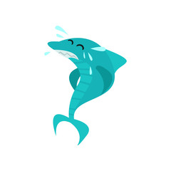 Cute shark cartoon character in water splashes, funny blue fish vector Illustration