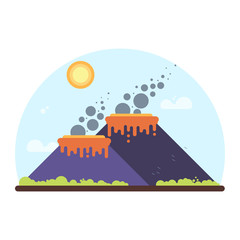 Two smoking volcanoes on island. Flat Style Illustration