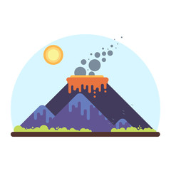 Volcano with magma, lava and smoke. Mountain landscapes.Flat Vector illustration