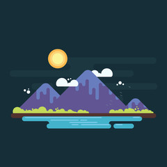Mountain range with greens on horizon and lake on foreground. Simple flat design illustration