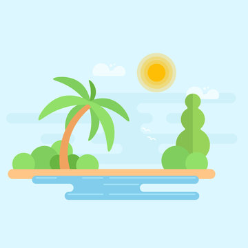 Tropical beach with palm tree and ocean. Summer vacation flat vector Illustration