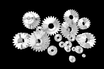 3D render group of silver metal gear on black background