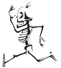 squelette d'un homme courant en noir et blanc