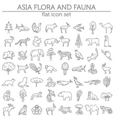 Flat Asian flora and fauna  elements. Animals, birds and sea life simple line icon set