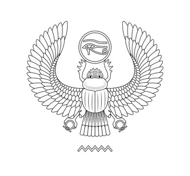 Graphic illustration of ancient egypt scarab pattern. White background.