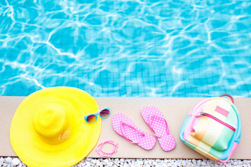 Pool and beach items flat lay. Summer vacation.