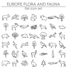 Flat European flora and fauna  elements. Animals, birds and sea life simple line icon set