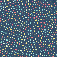 Colorful polka dots seamless pattern on bright 16 background. Classy classic colorful polka dots textile pattern. Seamless scattered confetti fall chaotic decor. Abstract vector illustration.