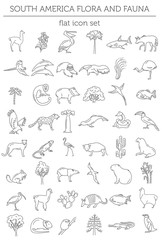 Flat South America flora and fauna  elements. Animals, birds and sea life simple line icon set