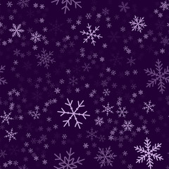Naklejka na ściany i meble Violet snowflakes seamless pattern on purple Christmas background. Chaotic scattered violet snowflakes. Pretty Christmas creative pattern. Vector illustration.