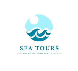 Vector flat touristic company logo design isolated on white background. Travel agency emblem sign. Blue water wave symbol, icon. Sea tours logotype. Ocean cruise.