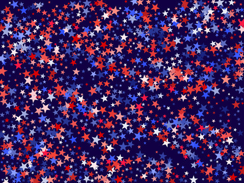 Colors of USA flag background, blue and red stars falling. American President Day background for card, banner, poster or flyer. Holiday star dust pattern in red, white, blue. USA symbols confetti.