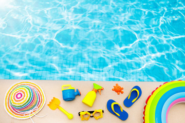 Pool and beach items flat lay. Summer vacation.