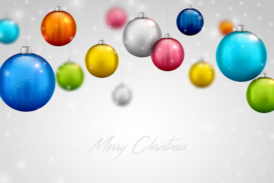 Colorful beautiful Christmas balls. Festive Christmas decoration for greeting card Happy New Year and winter holiday, banner, poster. Realistic colorful hanging balls