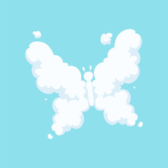 Fluffy cloud in form of flying butterfly with opened wings. Cartoon kids style. Insect icon. Flat vector design for greeting card, kids book cover or print