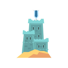 Little medieval fortress in blue color. Old royal castle on hill. Historical building. Flat vector design for children s book, landmark icon or mobile game