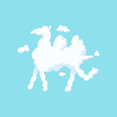 Cartoon silhouette of camel. White fluffy cloud in shape of animal isolated on blue. Flat vector design for children s book, poster or invitation card