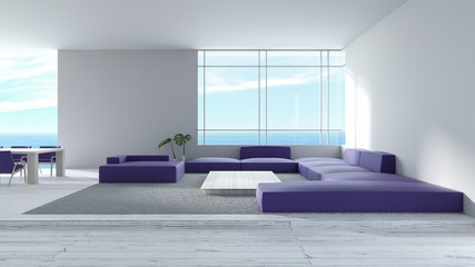 Modern interior living room wood floor sofa set sea view summer 3d rendering. minimal living room design purple sofa set pantone 2018