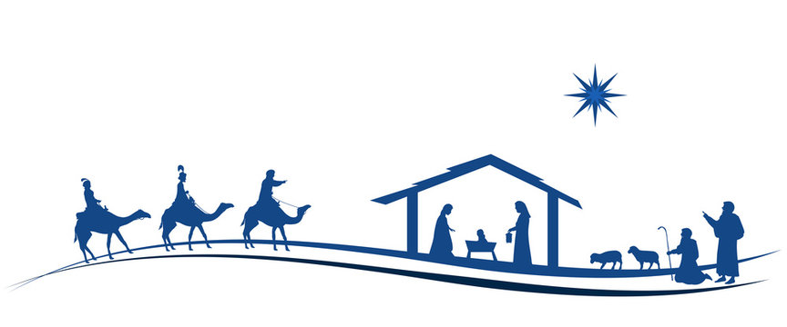 Christmas time. Nativity scene with Mary, Joseph, baby Jesus, shepherds and three kings.