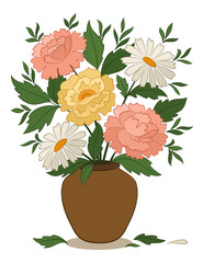 Bouquet Peonies and Chamomile Flowers and Green Leaves in a Brown Clay Vase Isolated on White Background. Vector
