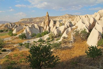 Natural valley with volcanic tuff stone rocks in Goreme in Cappadocia, Turkey.