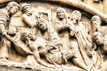 Close-up of scene of Jesus carved on stone