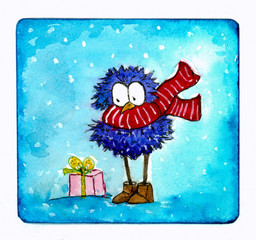 Watercolor picture of funny new year bird in red striped scarf with present on blue background