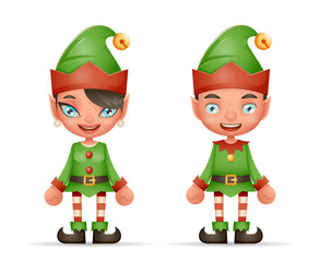 Cute Cartoon Elf Boy And Girl Characters Christmas Santa Teen Icons New Year Holiday 3d Realistic Design Vector Illustration