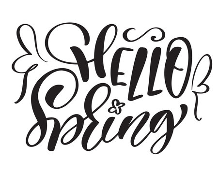 Vector text hand drawn Hello spring motivational and inspirational season quote. Calligraphic card, mug, photo overlays, t-shirt print, flyer, poster design