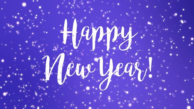 Sparkly purple Happy New Year greeting card video animation with handwritten text and flickering glitter particles.