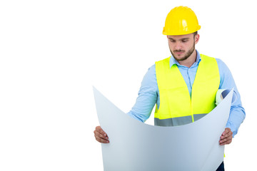 Young Engineer portrait holding blueprints isolated on white
