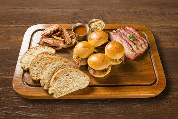 Pulled pork sandwiches with BBQ sauce and onion