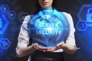 The concept of business, technology, the Internet and the network. A young entrepreneur working on a virtual screen of the future and sees the inscription: Server security