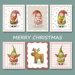 A large set of Christmas cards with gnomes. Vector illustration
