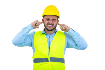 Workman making silence gesture over isolated white background